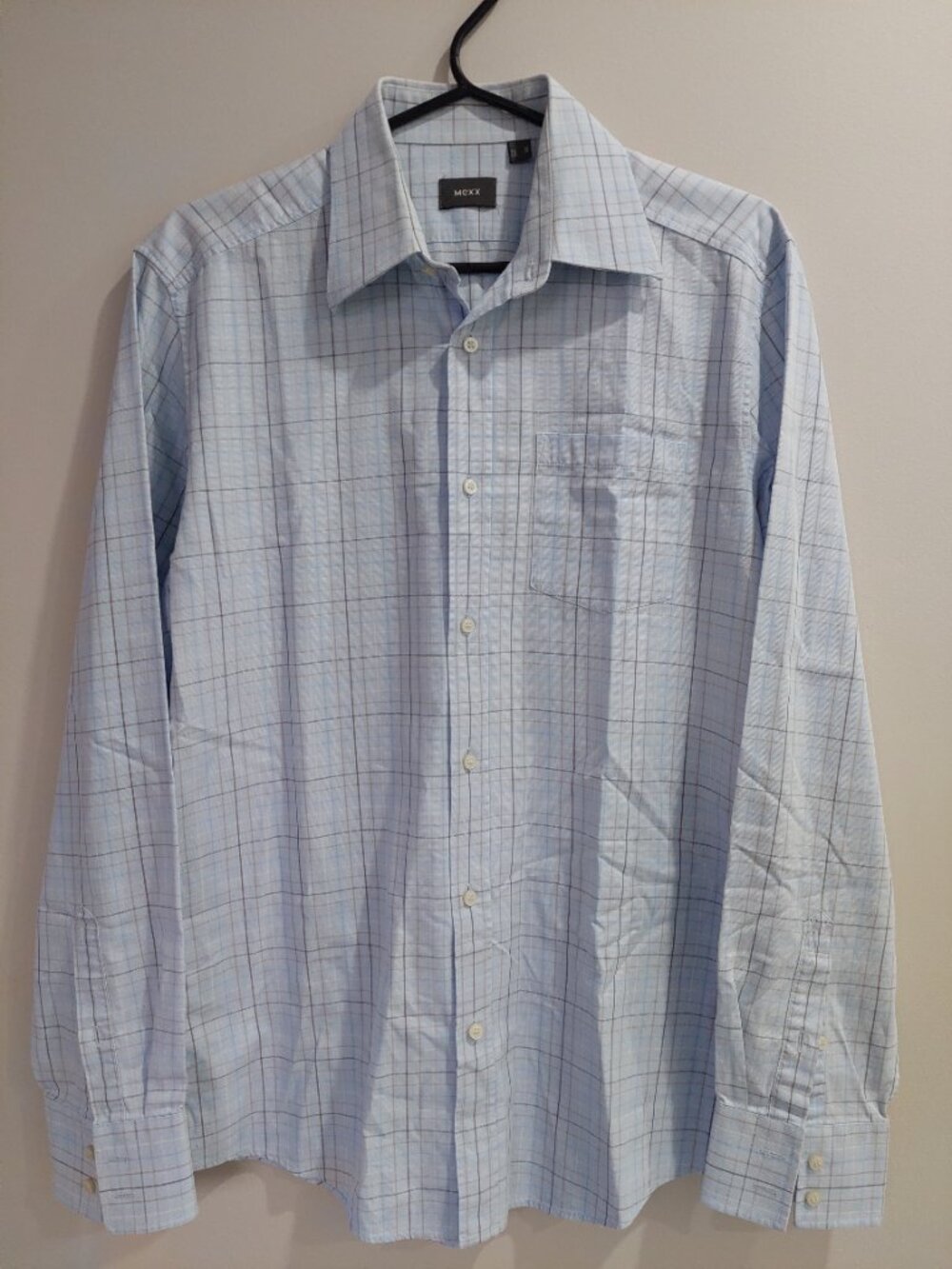 Mexx Men's Size M  Long-sleeve Plaid Dress Shirt Light Blue Base Cotton